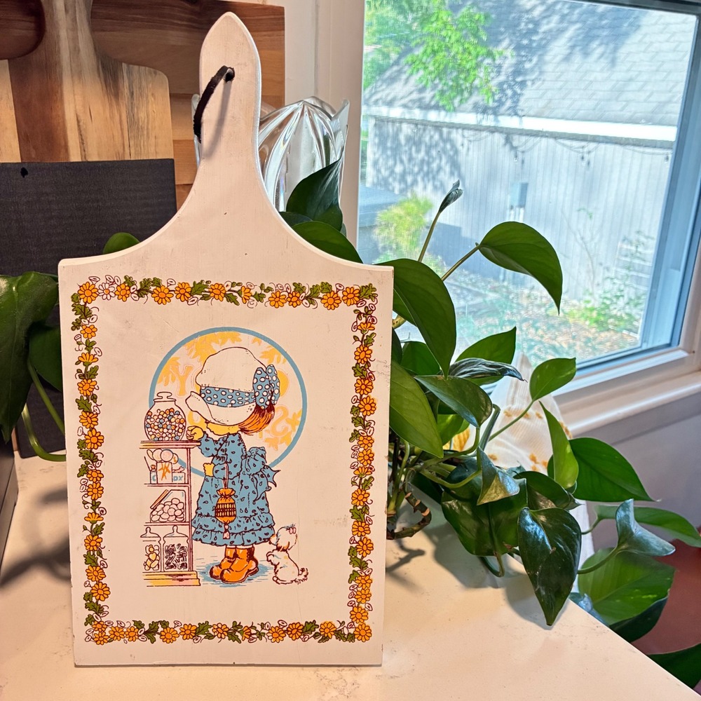 Vtg Wood Cutting Board Holly Hobbie Style Cottage Farmhouse 70s Shabby Chic